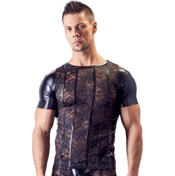 Pánské erotické prádlo Pánské triko wetlook s krajkou, S