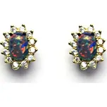 Zlaté náušnice Kate, syntetický černý opál, čiré zirkony, žluté i bílé zlato, NŠ 1480