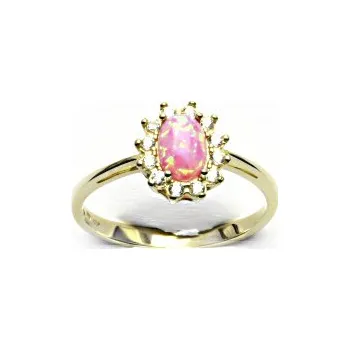 Prsten Zlatý prsten Kate, syntetický růžový opál, čiré zirkony, žluté i bílé zlato - T 1480
