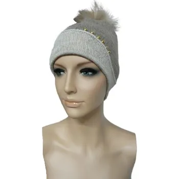 Rukavice Dámská čepice s bambulí - hnědo-béžová