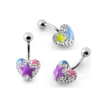 Piercing Piercingate Piercing do pupíku se stříbrnou kuličkou a srdíčkem s krystaly PBSW00058 - Barva/Motiv: Čirá