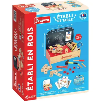 Dřevěná hračka Jeujura Dřevěný stůl s nářadím ke stavebnici pro malé kutily 39 dílů