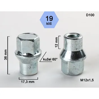 Matice na kolo Kolová matice M12x1,5 kužel s krčkem 17,3 zavřená, klíč 19, D100 výška 36, délka krčku 12