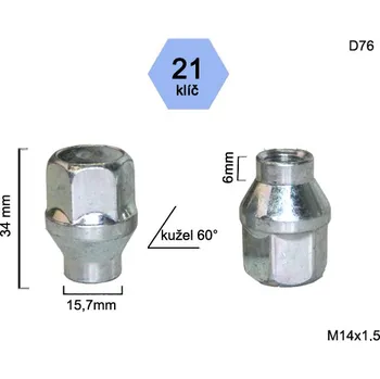 Matice na kolo Kolová matice M14x1,5 kužel s krčkem 15,7 zavřená, klíč 21, D76, výška 34, délka krčku 6