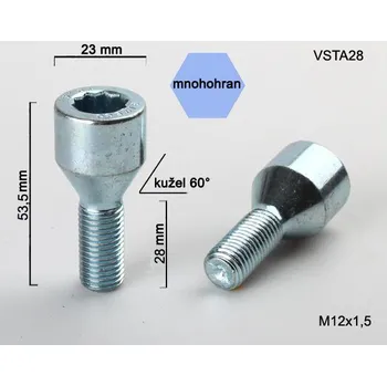 Šroubek na kolo Kolový šroub M12x1,5x28 kužel s vnitřním mnohohranem VSTA28, průměr hlavy 23mm, výška 53,5 mm