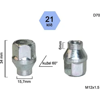Matice na kolo Kolová matice M12x1,5 kužel s krčkem 15,7 zavřená, klíč 21, D70, výška 34, délka krčku 6