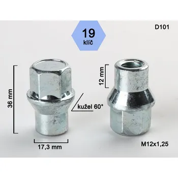 Matice na kolo Kolová matice M12x1,25 kužel s krčkem 17,3 zavřená, klíč 19, D101, výška 36mm, délka krčku 12