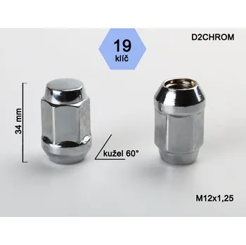 Matice na kolo Kolová matice M12x1,25 kužel zavřená, klíč 19, D2CHROM, výška 34 mm