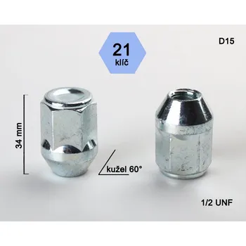 Matice na kolo Kolová matice 1/2 UNF kužel, zavřená, klíč 21, D15, výška 34