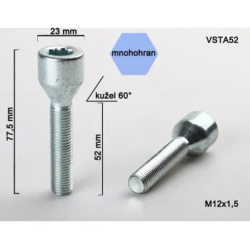 Šroubek na kolo Kolový šroub M12x1,5x52 kužel s vnitřním mnohohranem, VSTA52 průměr hlavy 23mm, výška 77,5