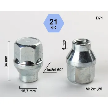 Matice na kolo Kolová matice M12x1,25 kužel s krčkem 15,7 zavřená, klíč 21, D71, výška 34, délka krčku 6