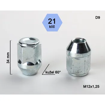 Matice na kolo Kolová matice M12x1,25 kužel, zavřená, klíč 21, R1D14/S, D9 NISSAN, RENAULT, SUBARU, výška 34 mm
