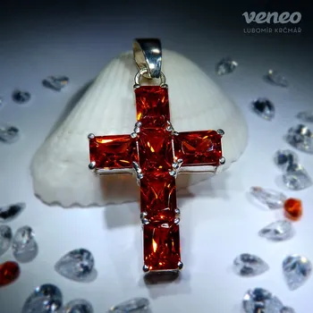 Přívěsek Kříž 3096 - přívěsek s padparači , Materiál: Bílé zlato, ryzost 585/1000