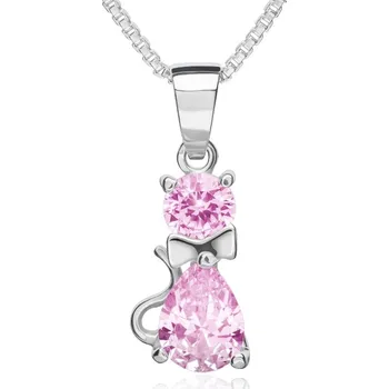 Přívěsek Kočka - přívěsek s růžovými zirkony, Materiál: Bílé zlato, ryzost 585/1000