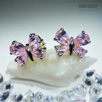 Náušnice Motýlek – náušnice s růžovými zirkony, Materiál: Bílé zlato, ryzost 585/1000