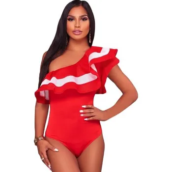 Dámské erotické body VšeNaSex.cz Dámské Body Red Ruffle One Shoulder Mesh Bodysuit Velikost: M (40-42)