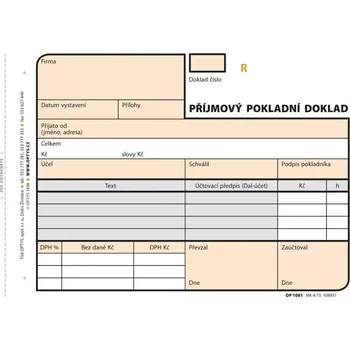 Tiskopis Příjmový pokladní doklad s DPH, číslovaný, samopropisovací, Optys