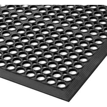 Rohožka Protiúnavová a protiskluzová průmyslová rohož z gumy černé barvy, vhodná do prostředí, kde dochází ke styku s kapalinami. Hrana po celém obvodu, tloušťka 12,7 mm, materiál přírodní kaučuk.