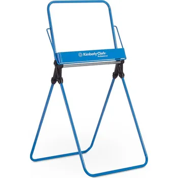 Utěrka Stabilní, volně stojící držák rolí průmyslových utěrek v modrém provedení. Svou robustností zajišťuje snadné odebírání utěrek z velkých rolí.