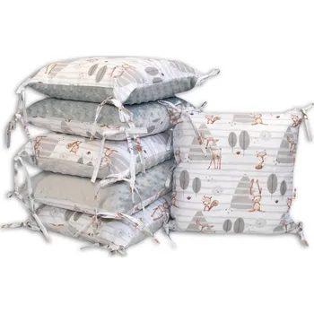 Příslušenství pro dětskou postel a kolébku Baby Nellys polštářkový mantinel zvířátka v lese, minky šedý