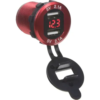 2x USB nabíječka s voltmetrem, hliníková do panelu, ČERVENÁ (34565R)