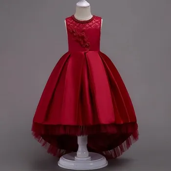 Čína Lesklé saténové šaty s prodlouženou zadní částí Věk: 6T, Barva: Červená