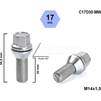 Šroubek na kolo Kolový šroub M14x1,5x30 kužel pohyblivý, klíč 17, C17D30-MW, výška 56,5 mm