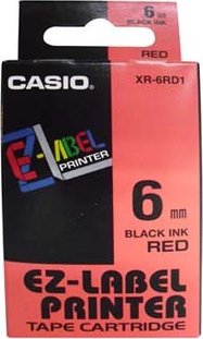 Casio XR-6RD1, 6mm x 8m, černý tisk/červený podklad, originální páska