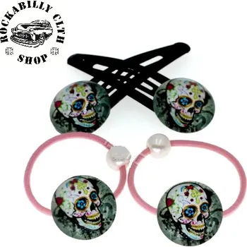 Sada sponek / gumiček do vlasů lebky Rockabilly Skull &amp; Roses