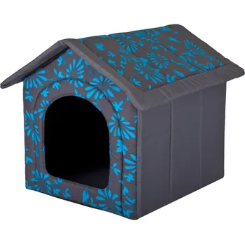 Pelíšek pro psa HobbyDog Pelíšek pro psa Bouda - šedá a modré květy Velikost: R2 - 44 x 38 x 45 cm