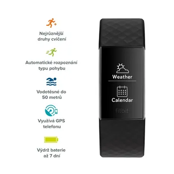 funkce a displej náramku Fitbit Charge 3