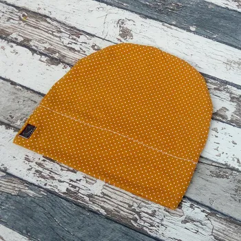 Kojenecká čepice Yháček Rostoucí čepička Yháček, drobný puntík na hořčici Velikost:: M