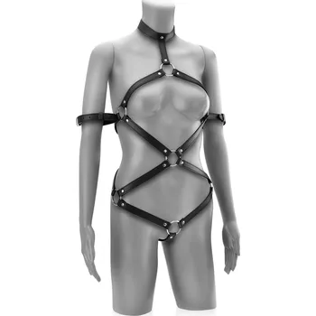 KOŽENÉ BODY SVAZUJÍCÍ RUCE POPRUH POSTROJ BDSM S OBOJKEM - 79813798