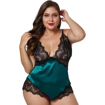 Dámská erotická košilka VšeNaSex.cz Dámská košilka s kahotkami Green Lace Silky Satin Plus Size Chemise Velikost: 3XL (54-56)