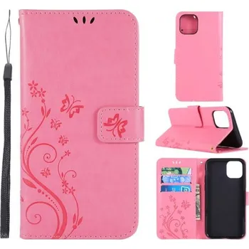Pouzdro na mobilní telefon Flipové pouzdro s reliéfem motýla a květiny pro iPhone 11 - růžové