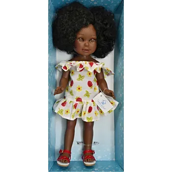 Panenka Realistická panenka černoška Paulina v šatech s jahůdkami od firmy Vestida de Azul (španělská panenka - 33 cm)