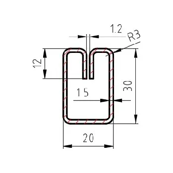 Stavební profil Lemovací profil E, drážka 1,7 mm, 1,5x30x20 mm, délka 3100mm