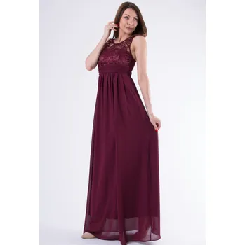 Dámské oblečení Dámské dlouhé plesové šaty u dekoltu s krajkou - vínové - vel. L