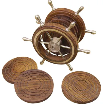 SEA CLUB Dřevěné podtácky námořnické v zásobníku ve tvaru kormidla 9083