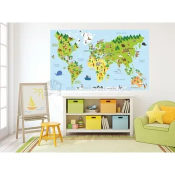 Samolepící dekorace Tapeta - Mapa světa se zvířaty