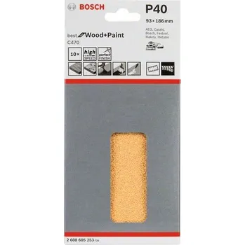 Brusný papír 10x Brusný papír - brusivo pro vibrační brusky Bosch Best for Wood and Paint C470 93x186mm, hr. 40, 8 otvorů (2608605253)