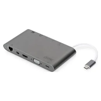 DIGITUS Univerzální dokovací stanice, USB-C, 11 portů, šedá 3x video, 1x USB-C, 3x USB3.0, RJ45, 2x čtečka karet