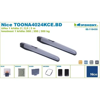 Pohon brány Nice TOONA4024KCE.BD sada pohonů 2 křídlové brány do 6 m průjezdu, Toona4024 kit