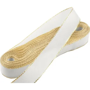 Stuha Stuha taftová bílá + zlatý okraj, šíře 15mm, 10m
