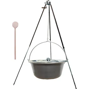 Kempingové nádobí Nerezový kotlík 15 L (1,5 mm) + teleskopická trojnožka s pojistnou kladkou + nerezová poklice