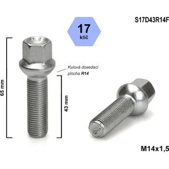 Šroubek na kolo Kolový šroub M14x1,5x43 kulový R14, klíč 17, S17D43R14F, výška 65 mm