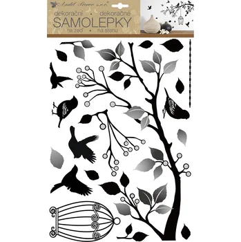 Samolepící dekorace Samolepky na zeď větev s klecí se stříbrnými glitry 29 x 48 cm
