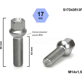 Šroubek na kolo Kolový šroub M14x1,5x43 kulový R13, klíč 17, S17D43R13F, výška 66 mm