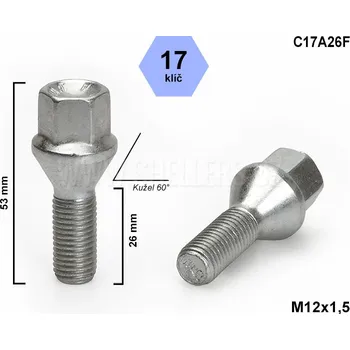 Auto-moto Kolový šroub M12x1,5x26 kuželový, klíč 17, C17A26F, výška 53 mm