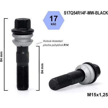 Šroubek na kolo Kolový šroub M15x1,25x54 kulový R14, pohyblivá plocha, klíč 17, S17Q54R14F-MW-BLACK, černý, výška 84 mm